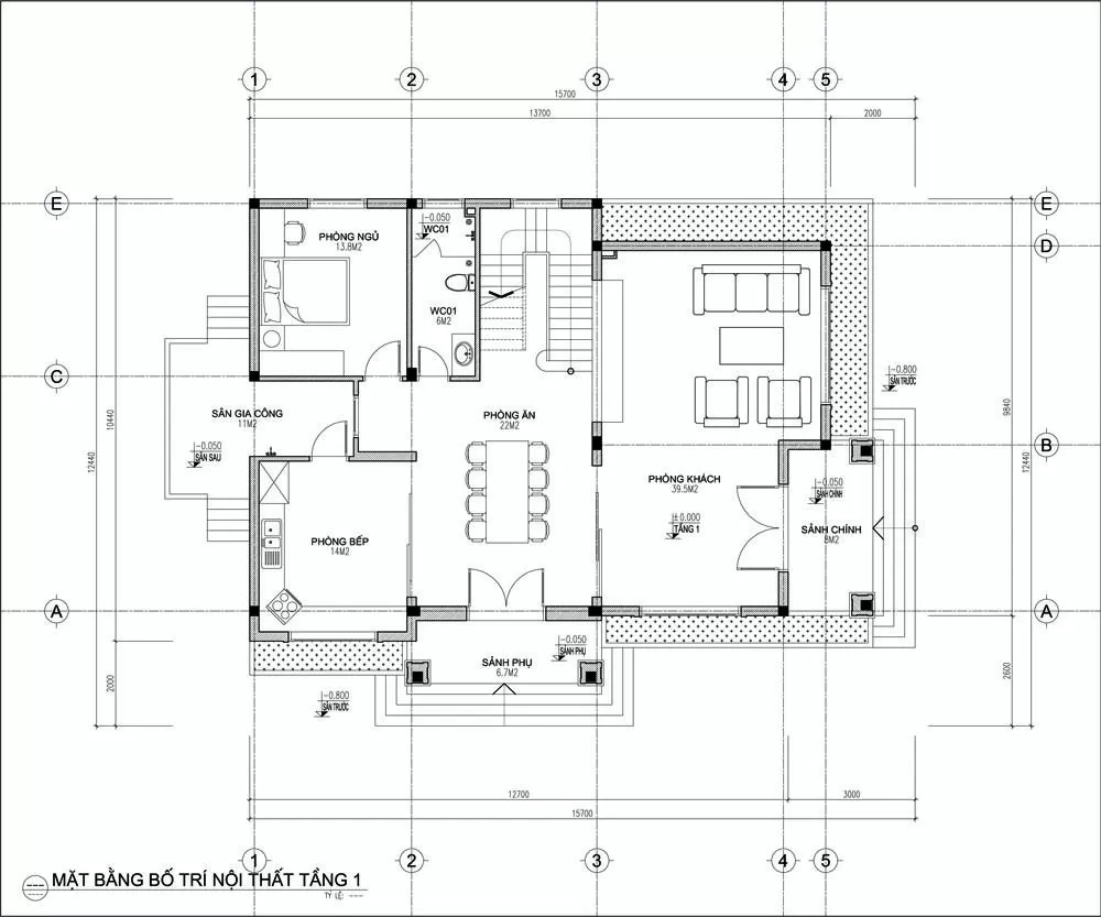 Bản vẽ các phòng tầng 1 nhà 2 tầng 5 phòng ngủ 150m2 cổ điển