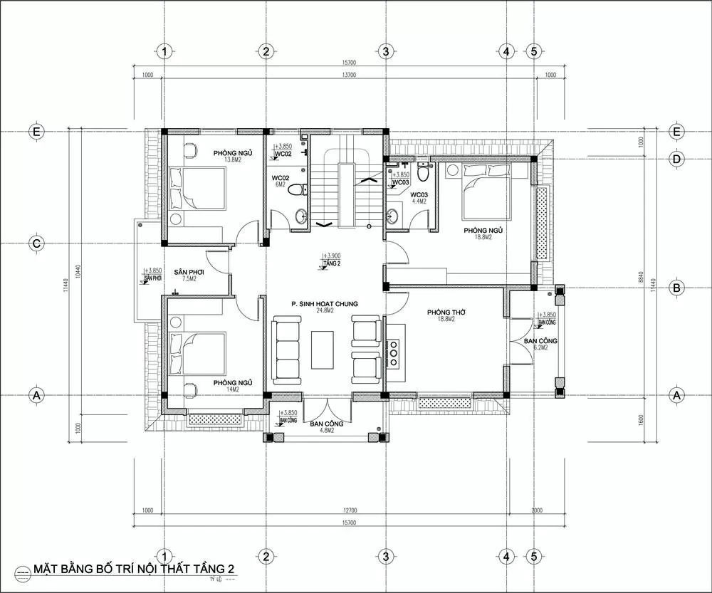 Bản vẽ các phòng tầng 2 nhà 2 tầng 5 phòng ngủ 150m2 cổ điển