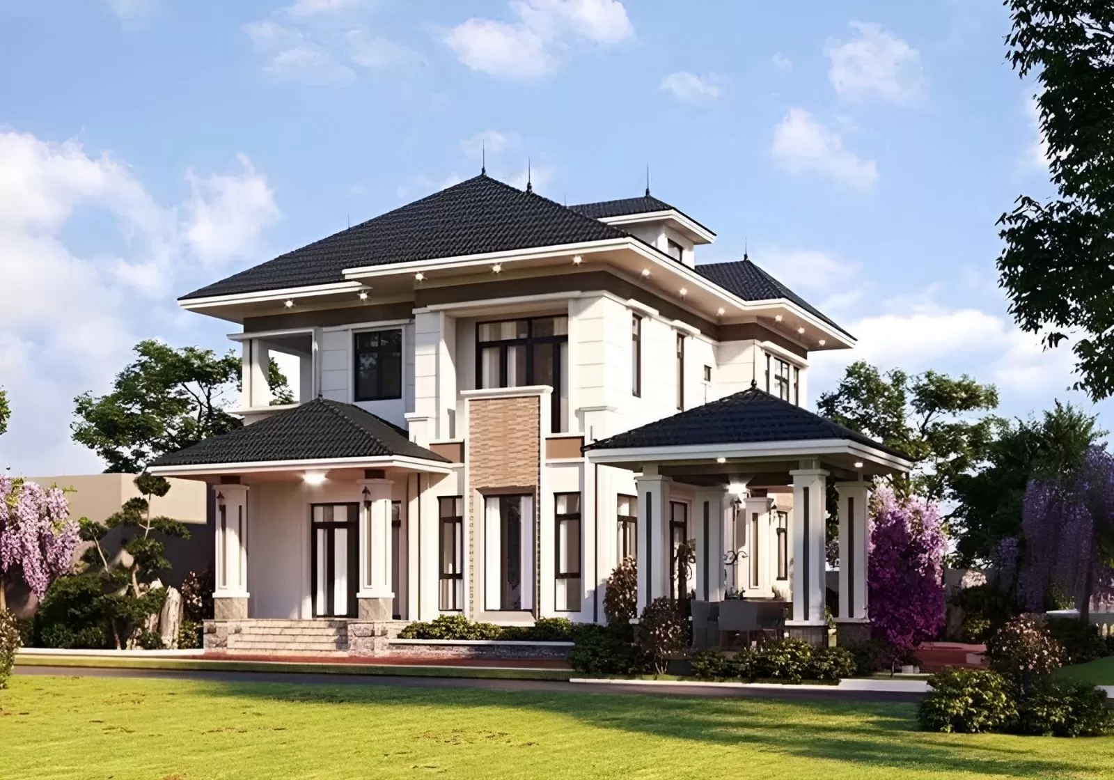 Thiết kế nhà vườn 2 tầng 5 phòng ngủ 150m2 mái nhật