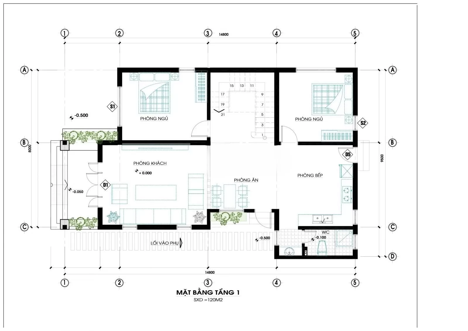 Các phòng chức năng tầng 1 nhà vườn 2 tầng 5 phòng ngủ 150m2 mái nhật