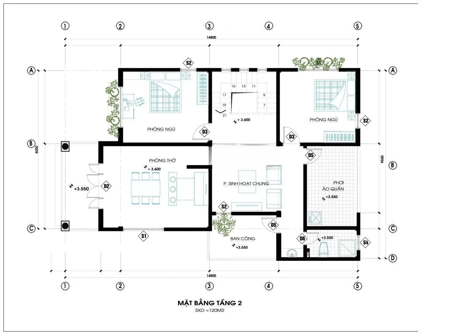 Các phòng chức năng tầng 2 nhà vườn 2 tầng 5 phòng ngủ 150m2 mái nhật