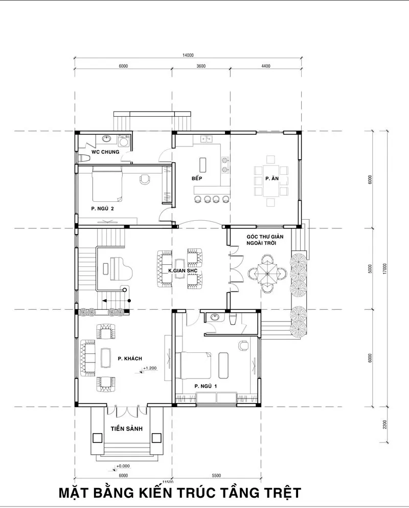 Mặt bằng kiến trúc tầng 1 nhà vườn 2 tầng 5 phòng ngủ 150m2 mái thái