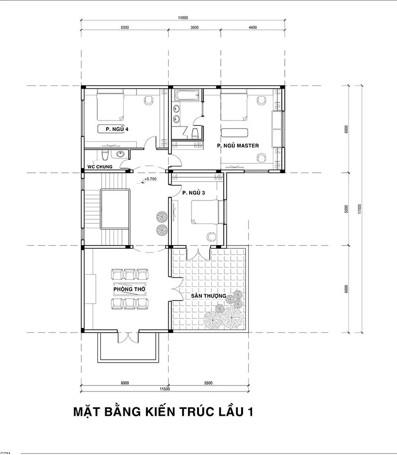 Mặt bằng kiến trúc tầng 2 nhà vườn 2 tầng 5 phòng ngủ 150m2 mái thái
