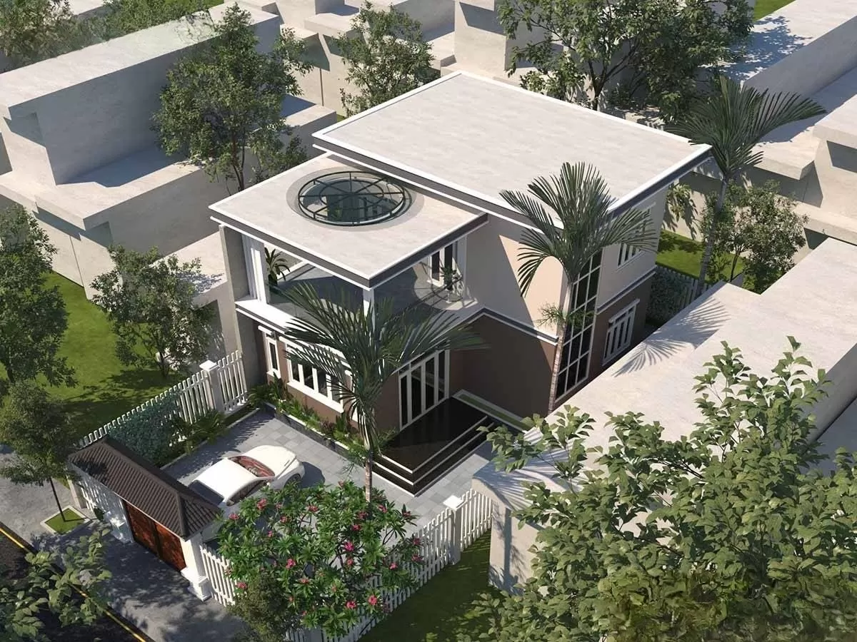 Thiết kế nhà vườn 2 tầng 5 phòng ngủ 150m2 mái bằng