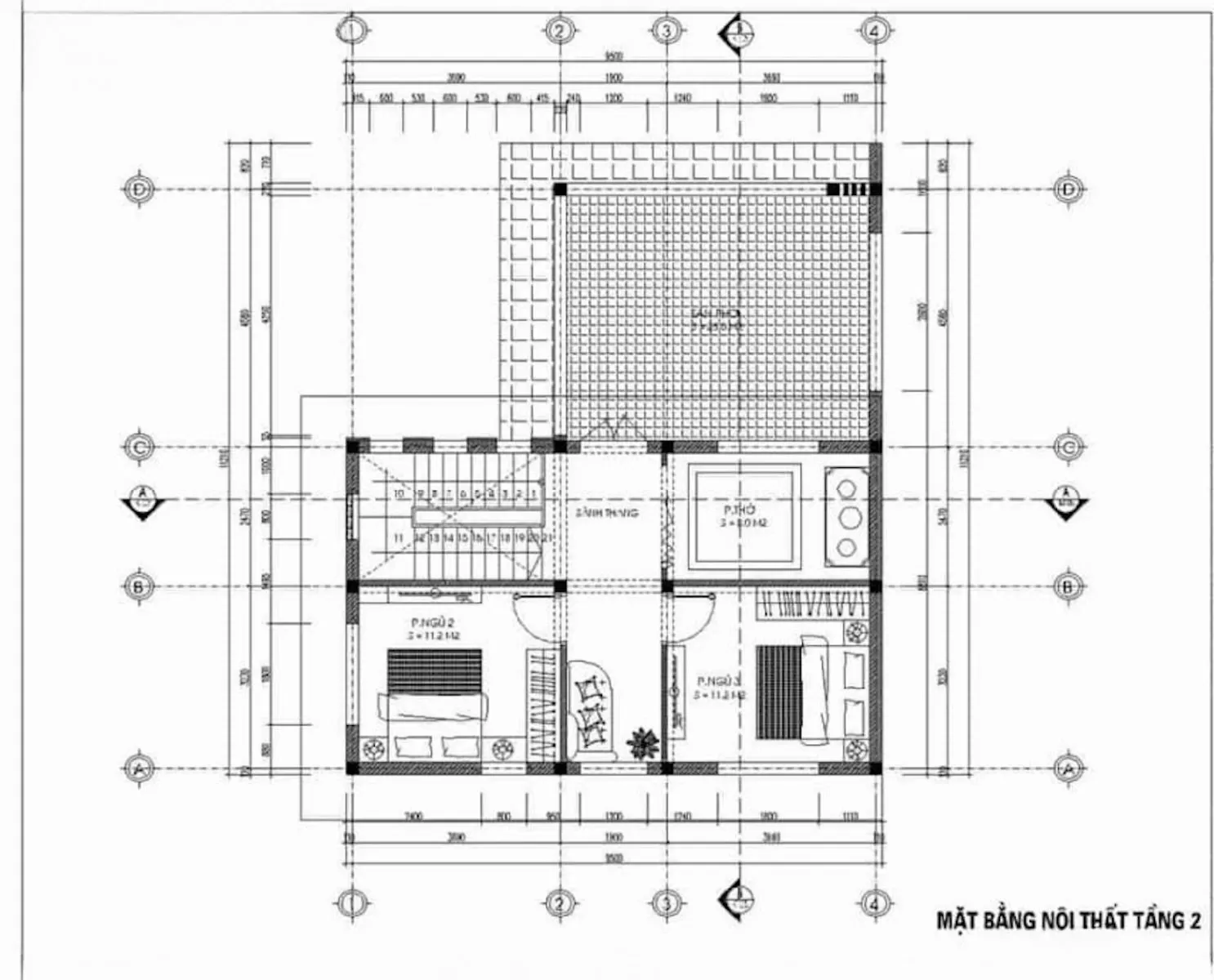 Thiết kế nội thất tầng 2 nhà vườn 2 tầng 5 phòng ngủ 150m2 mái bằng