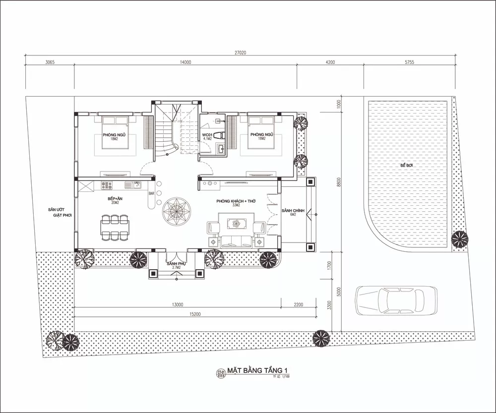 Bản vẽ phối cảnh công năng tầng 1 nhà vườn 2 tầng 5 phòng ngủ 150m2 có hồ bơi