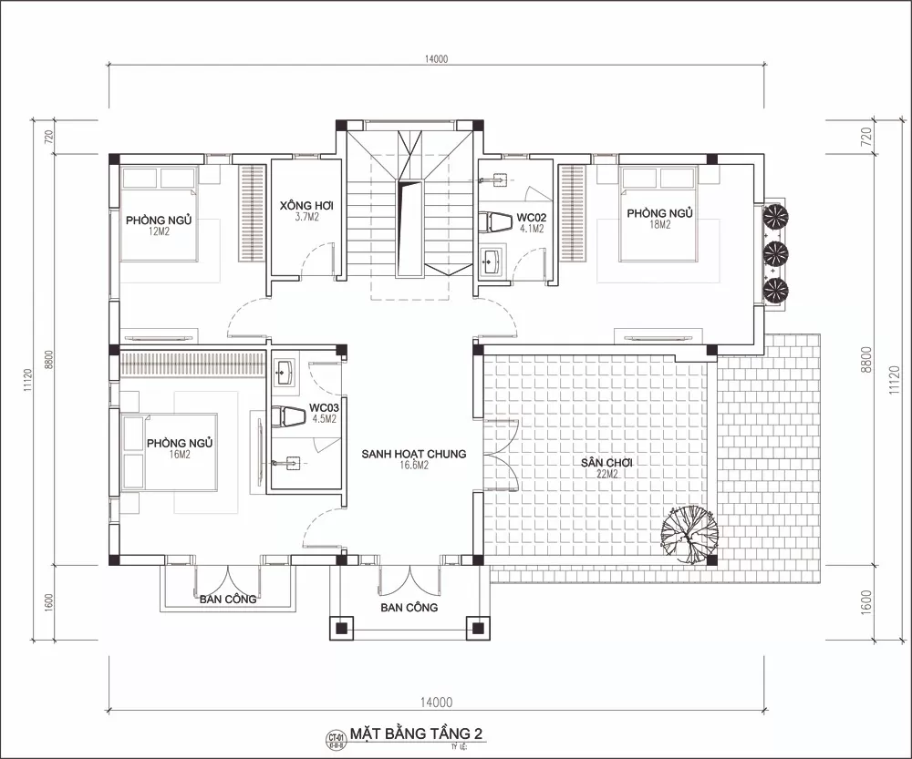 Bản vẽ phối cảnh công năng tầng 2 nhà vườn 2 tầng 5 phòng ngủ 150m2 có hồ bơi