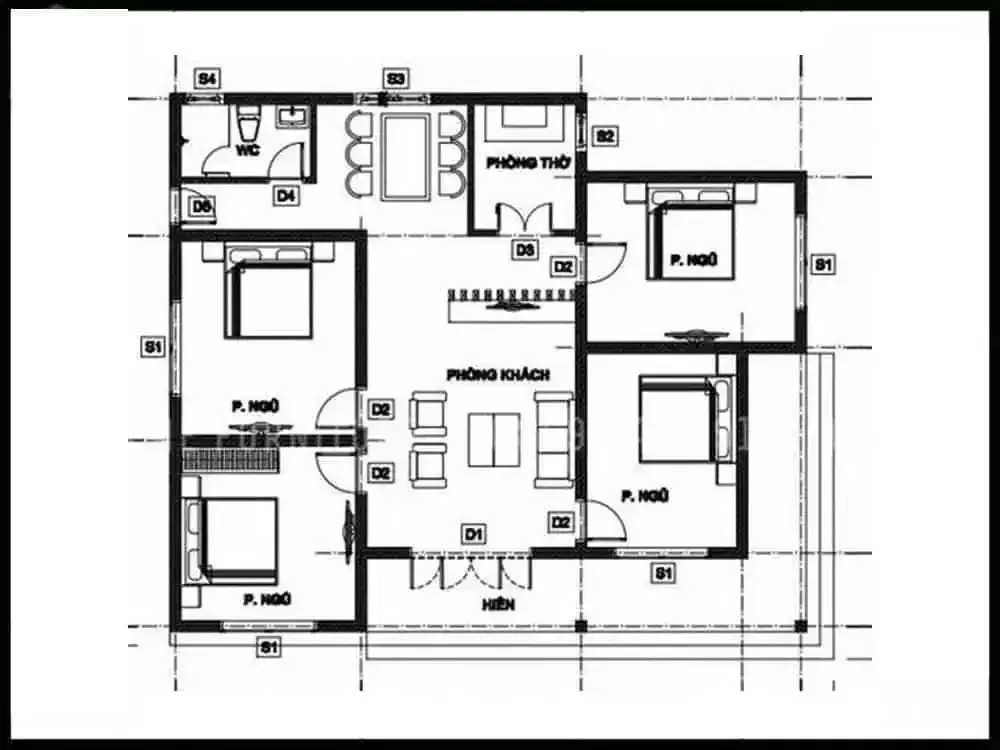 Bản vẽ mặt bằng biệt thự vườn 1 tầng 4 phòng ngủ chữ U hiện đại