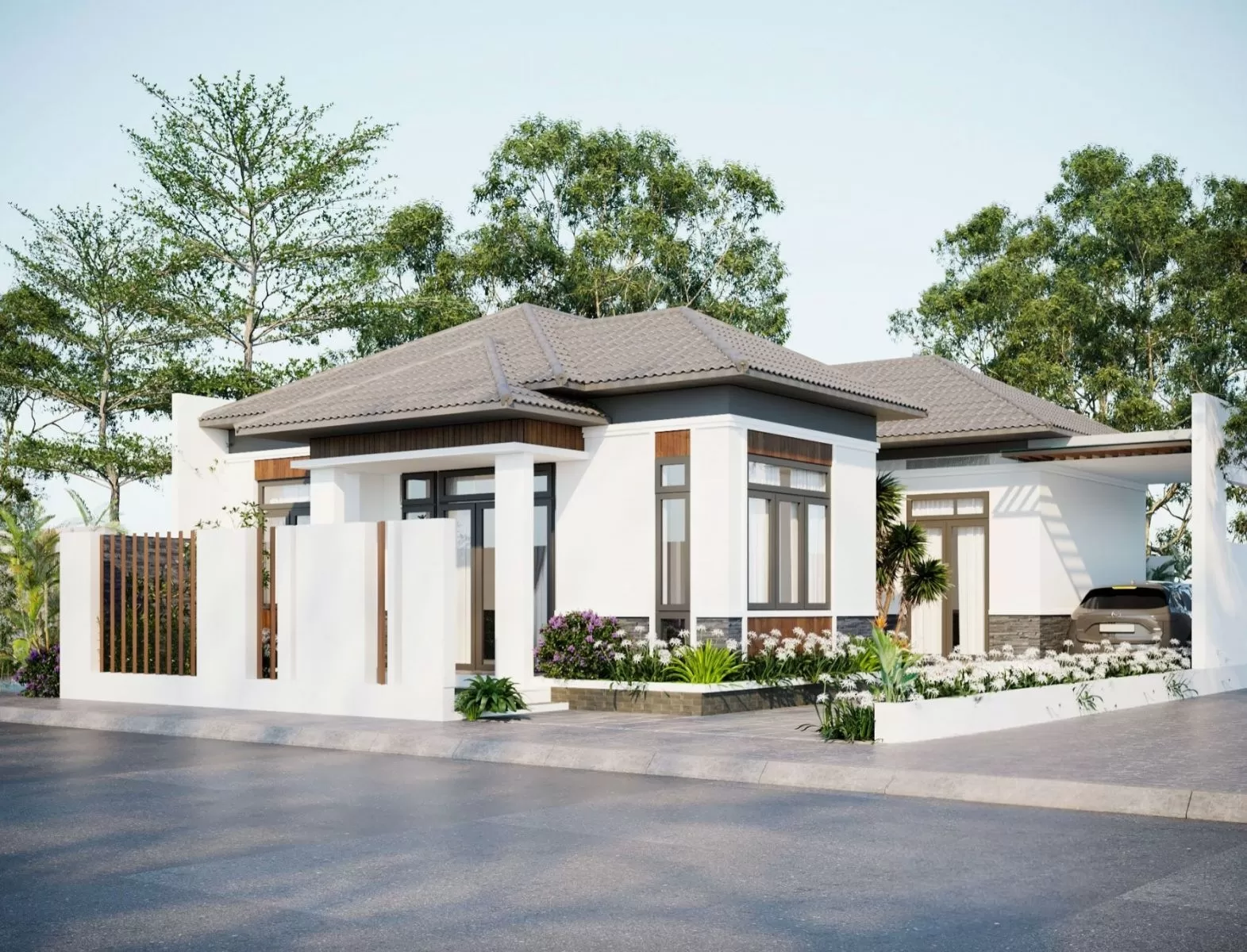 Thiết kế biệt thự phố 1 tầng 4 phòng ngủ có sân vườn