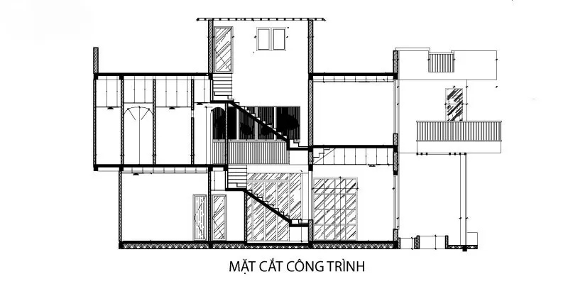 Bản vẽ mặt cắt công trình nhà 2 tầng 1 tum 8x20m
