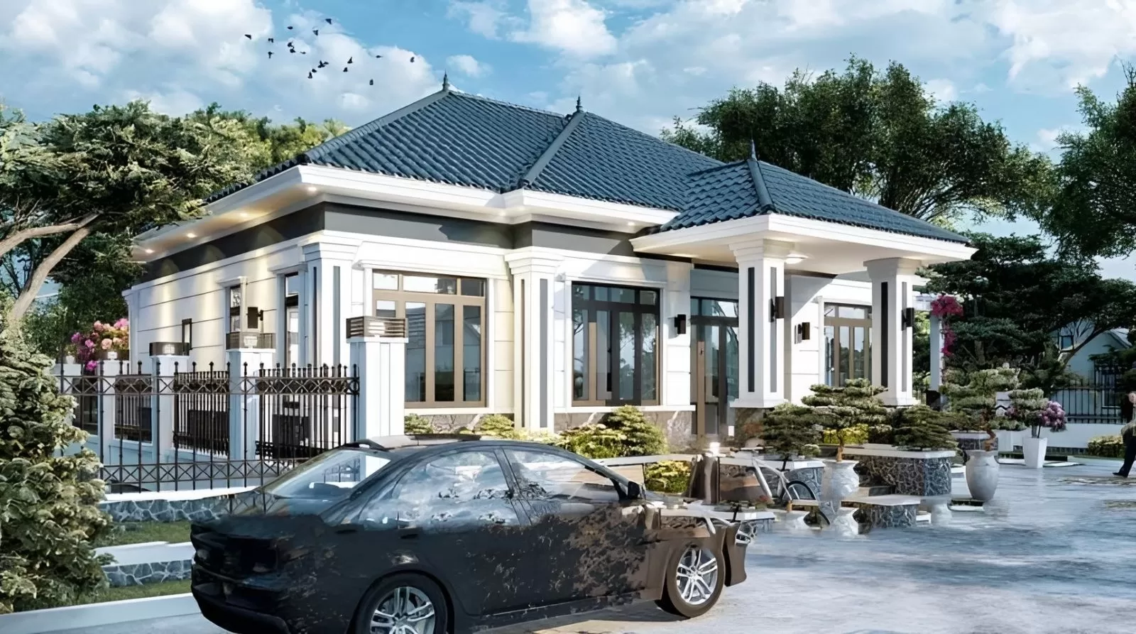 Mẫu nhà 8x20m 1 tầng 2 phòng ngủ hiện đại