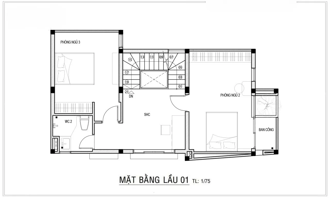 Bản vẽ thiết kế mặt bằng tầng 2