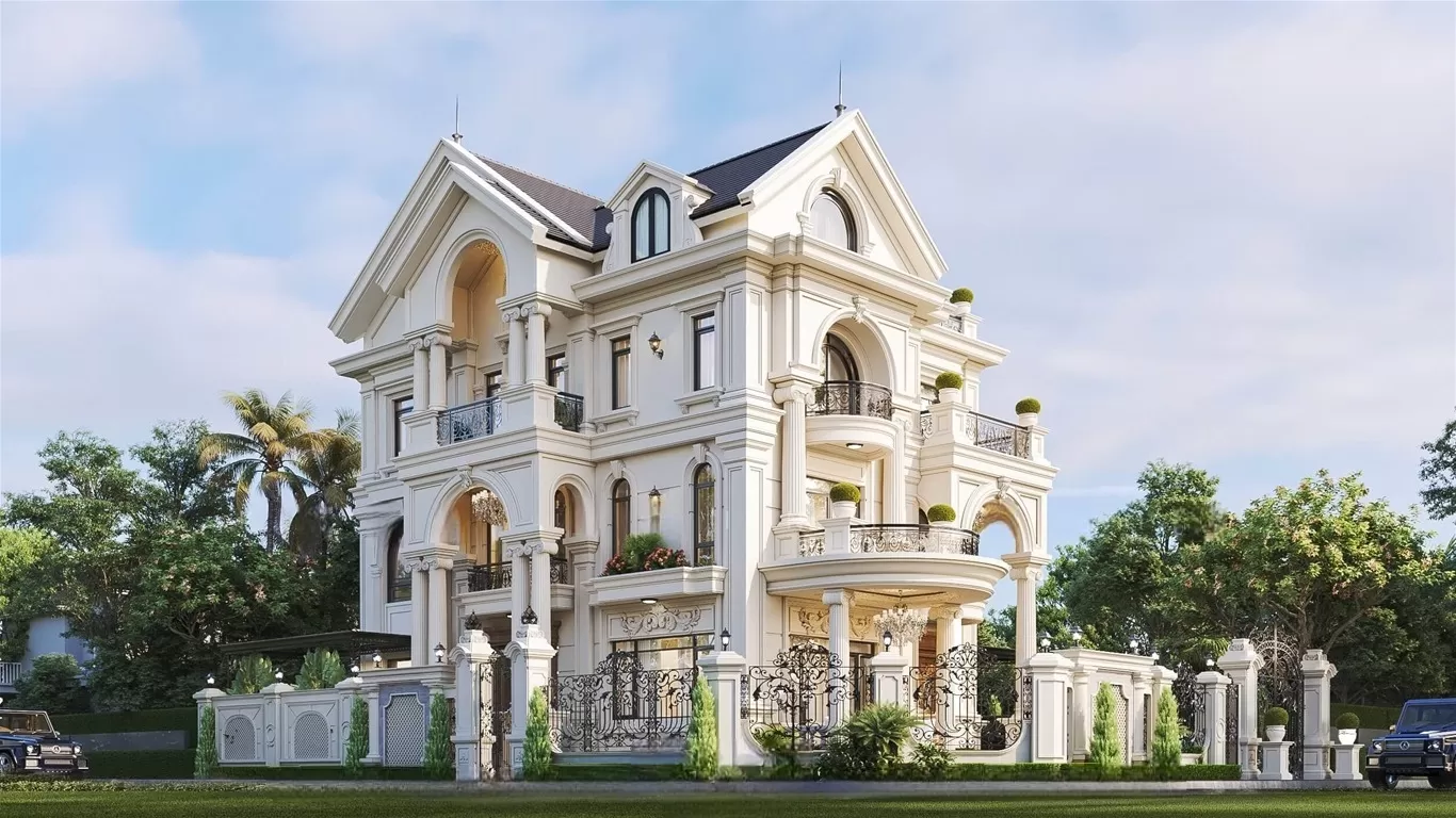 Mẫu nhà vuông 4 tầng mái thái tân cổ điển