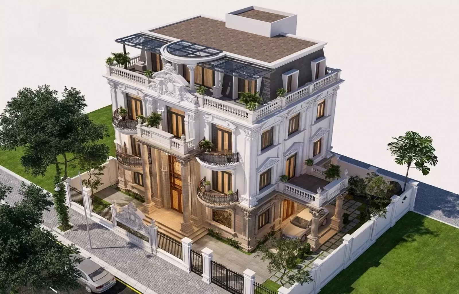 Mẫu nhà phố tân cổ điển 4 tầng 3 mặt tiền có hồ bơi