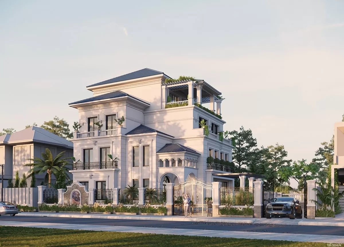 Thiết kế nhà phố tân cổ điển mái nhật 4 tầng 200m2 có gara