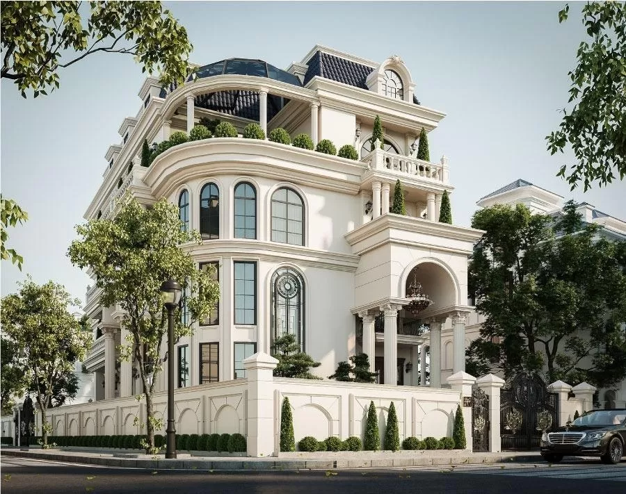 Mẫu nhà phố tân cổ điển 4 tầng 3 mặt tiền mái Mansard