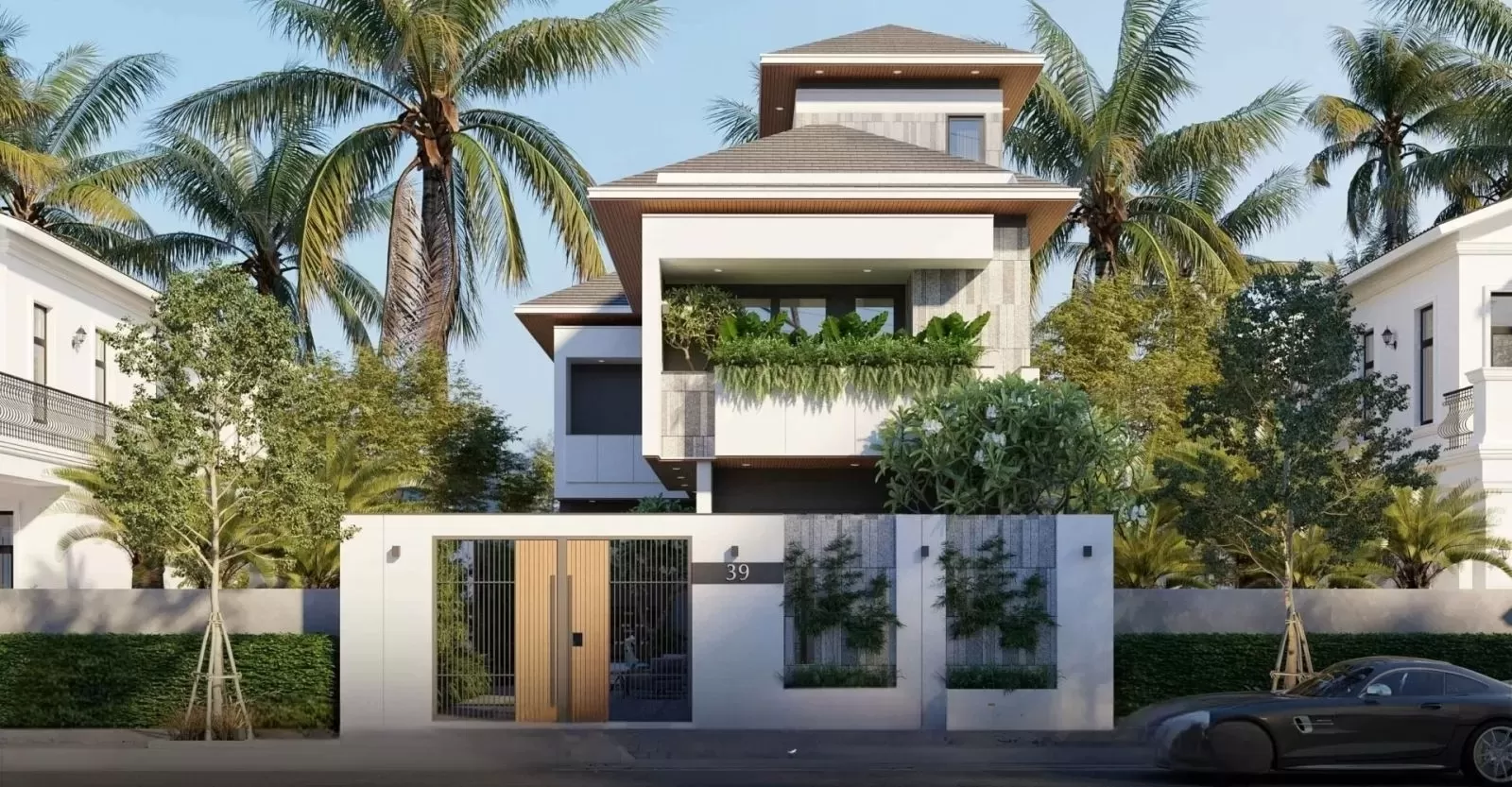 Thiết kế nhà chữ L 2 tầng 1 tum hiện đại