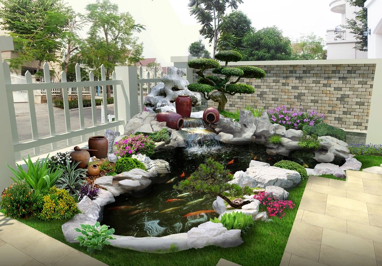 Sân vườn trước nhà có hồ cá Koi