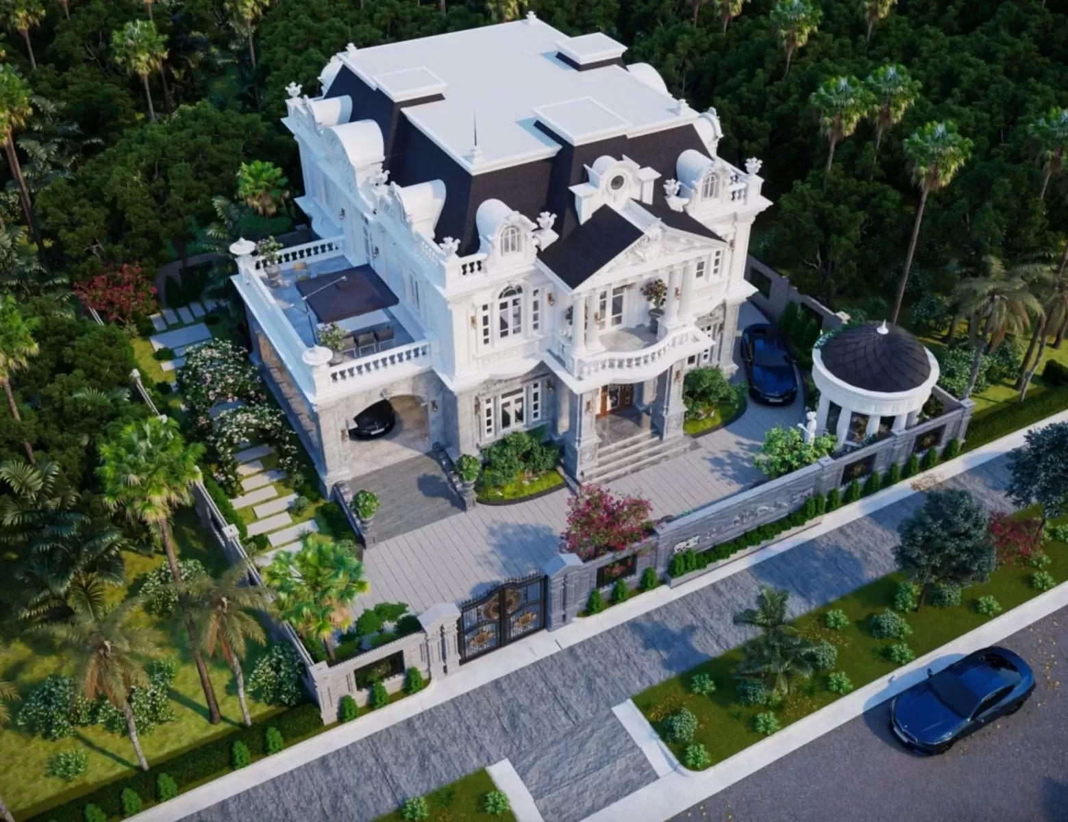 Bố trí sân vườn trước nhà phong cách tân cổ điển lãng mạn