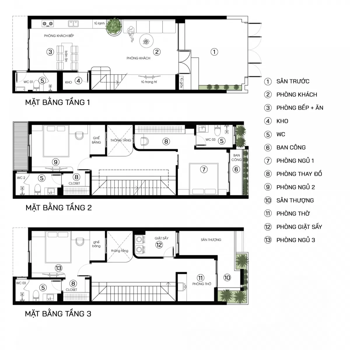 Phối cảnh công năng nhà ống 3 tầng hiện đại mái thái