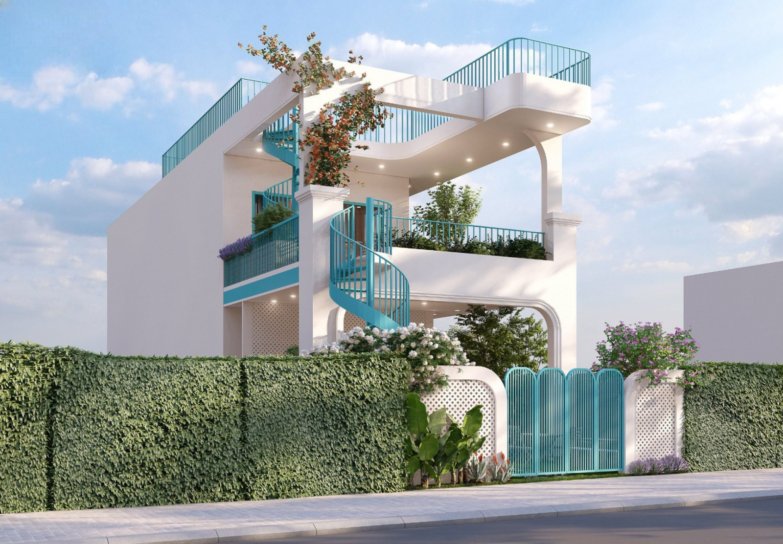 Thiết kế villa sân vườn mini 3 tầng có ban công xoắn ốc