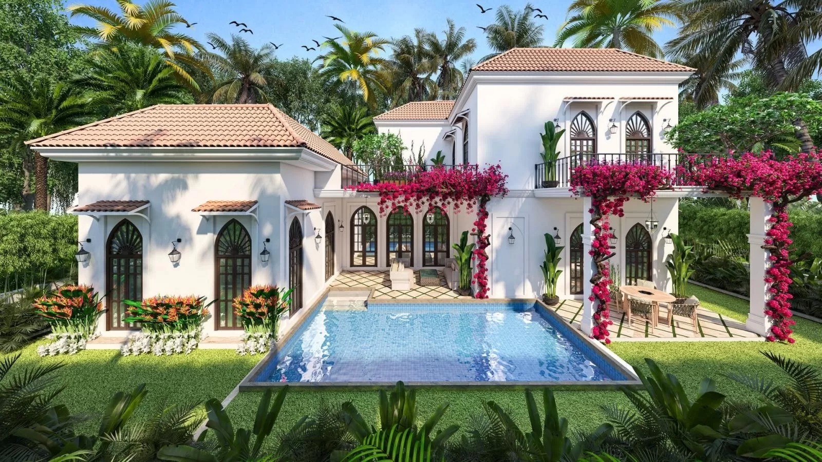 Khuôn viên villa sân vườn rộng rãi thoáng mát