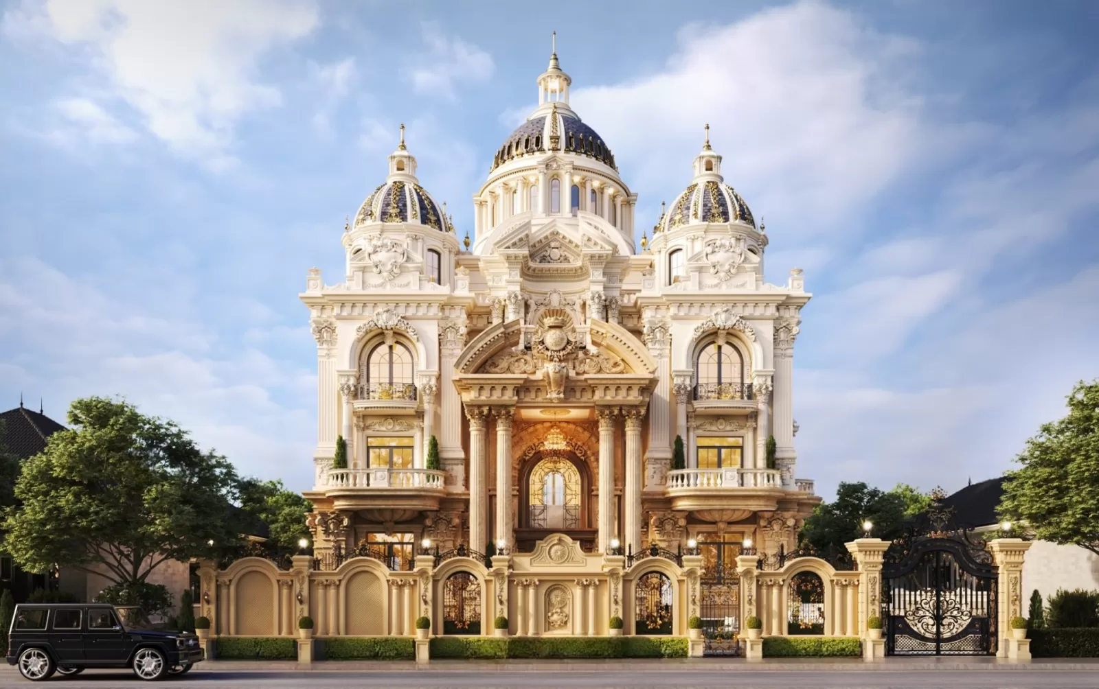 Biệt thự lâu đài kiểu Pháp xây dựng bằng đá với đặc điểm nổi bật là thức cột, đối xứng, hình học và luật xa gần