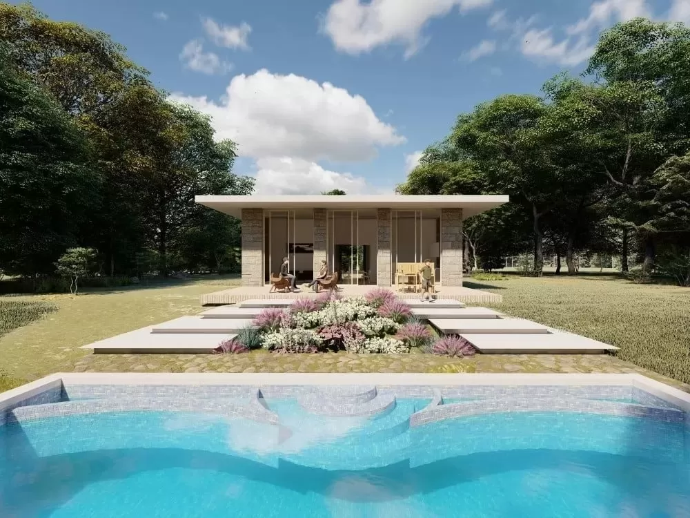 Mẫu nhà hộp đẹp 1 tầng có hồ bơi