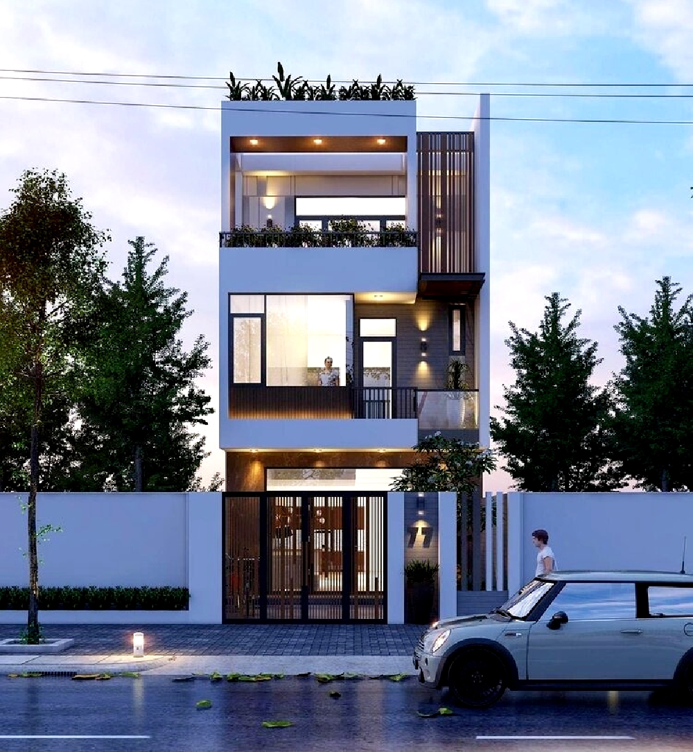 Mặt tiền ấn tượng với các hình khối chắc khỏe, thiết kế tối giản và hiện đại