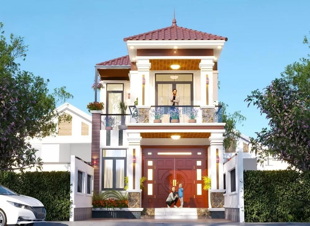 Mặt tiền có nhiều cửa sổ và ban công rộng