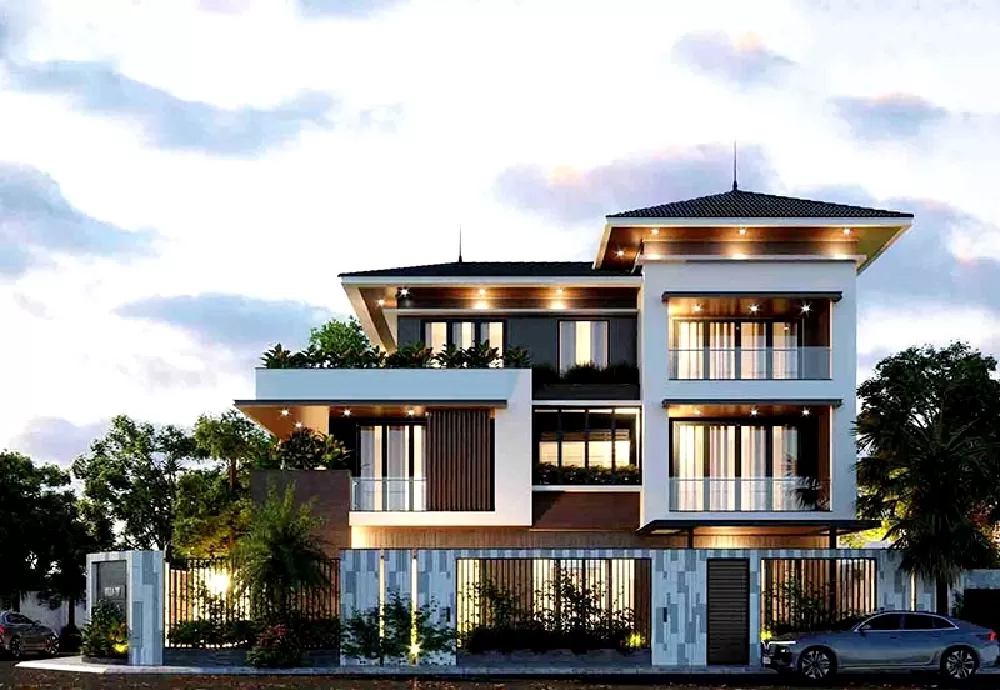 Mẫu nhà mái Nhật đẹp này là sự kết hợp hài hoà giữa sân vườn với cảnh quan thiên nhiên