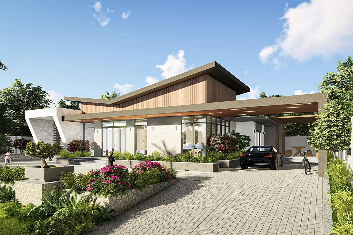 Nhà mái bằng phong cách hiện đại nổi bật những mảng tường phẳng, khối nhà vuông vắn, được trang bị nội thất tiện nghi, cao cấp. Bên ngoài căn nhà bố trí hệ sân vườn rộng lớn, nhiều cây xanh hoặc hồ bơi thư giãn