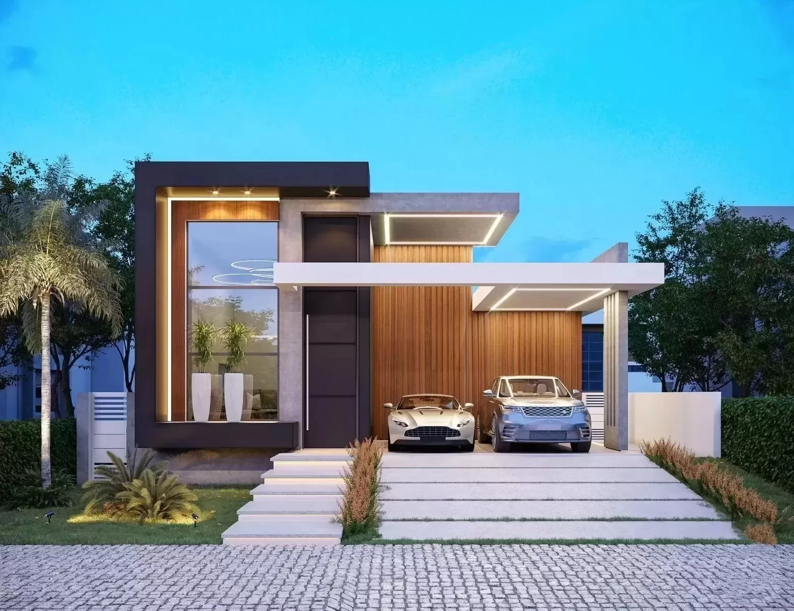 Nhà mái bằng phong cách hiện đại nổi bật những mảng tường phẳng, khối nhà vuông vắn, được trang bị nội thất tiện nghi, cao cấp. Bên ngoài căn nhà bố trí hệ sân vườn rộng lớn, nhiều cây xanh hoặc hồ bơi thư giãn