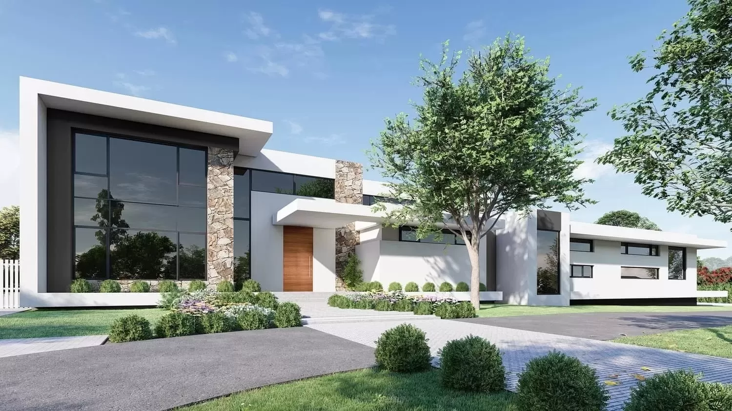 Nhà mái bằng phong cách hiện đại nổi bật những mảng tường phẳng, khối nhà vuông vắn, được trang bị nội thất tiện nghi, cao cấp. Bên ngoài căn nhà bố trí hệ sân vườn rộng lớn, nhiều cây xanh hoặc hồ bơi thư giãn