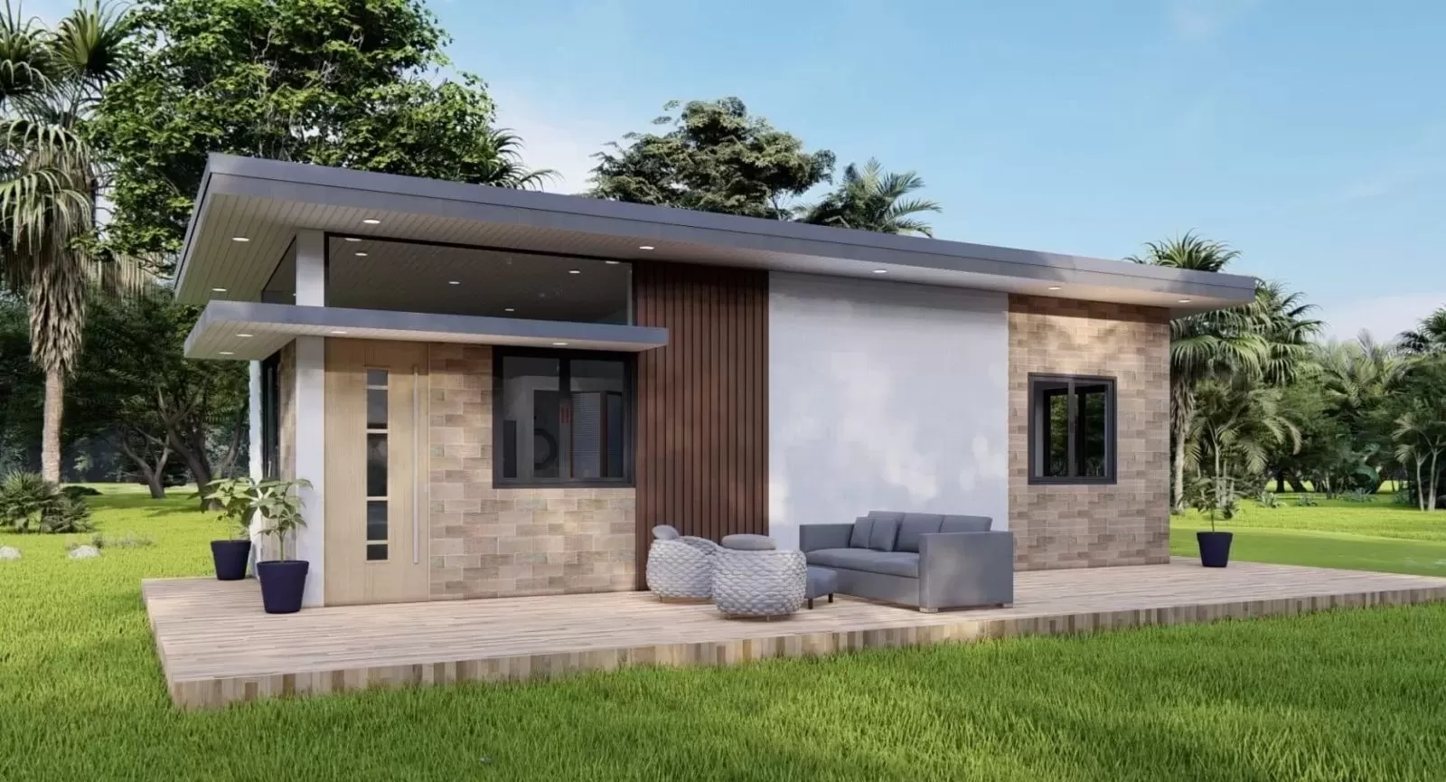 Nhà mái bằng phong cách hiện đại nổi bật những mảng tường phẳng, khối nhà vuông vắn, được trang bị nội thất tiện nghi, cao cấp. Bên ngoài căn nhà bố trí hệ sân vườn rộng lớn, nhiều cây xanh hoặc hồ bơi thư giãn