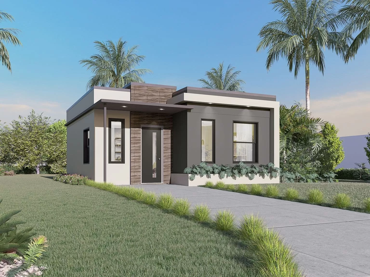 Nhà mái bằng phong cách hiện đại nổi bật những mảng tường phẳng, khối nhà vuông vắn, được trang bị nội thất tiện nghi, cao cấp. Bên ngoài căn nhà bố trí hệ sân vườn rộng lớn, nhiều cây xanh hoặc hồ bơi thư giãn