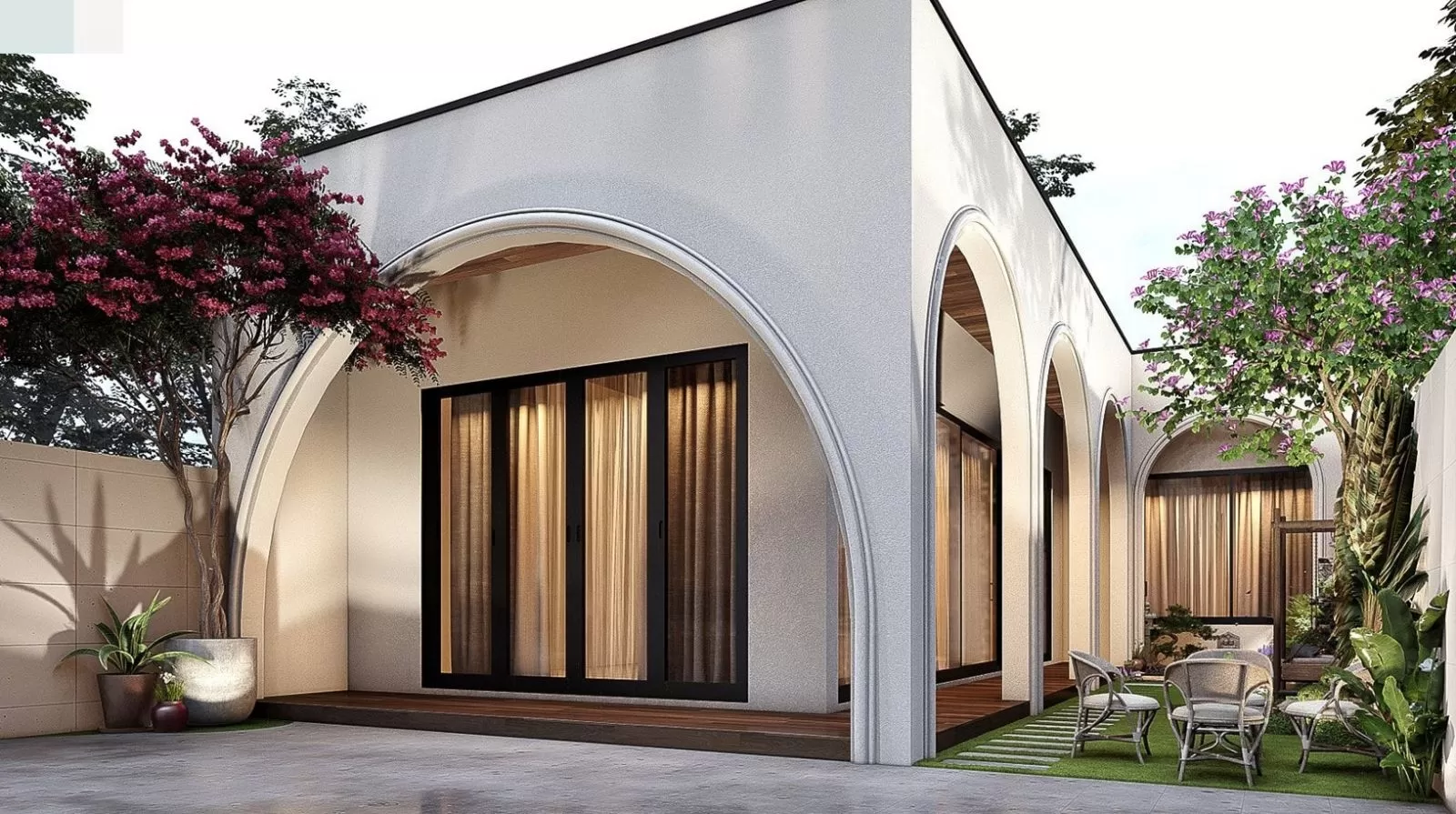 Nhà mái bằng phong cách hiện đại nổi bật những mảng tường phẳng, khối nhà vuông vắn, được trang bị nội thất tiện nghi, cao cấp. Bên ngoài căn nhà bố trí hệ sân vườn rộng lớn, nhiều cây xanh hoặc hồ bơi thư giãn