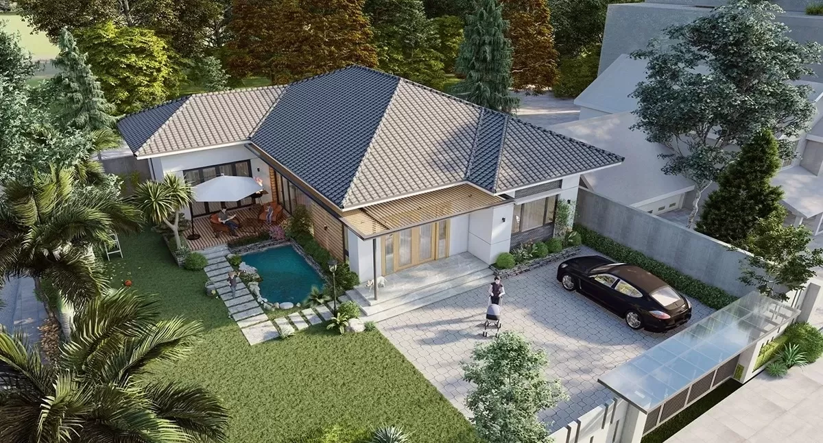 Mẫu nhà chữ L Hàn Quốc 1 tầng hiện đại