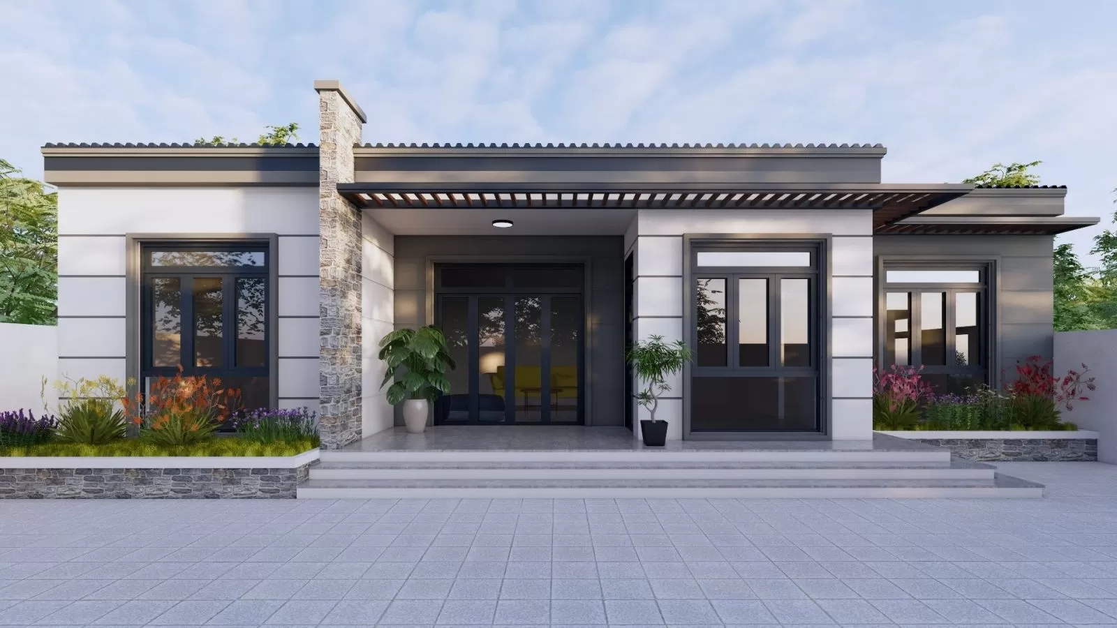 Mẫu nhà mái bằng 3 phòng ngủ, 1 phòng khách, 1 phòng bếp