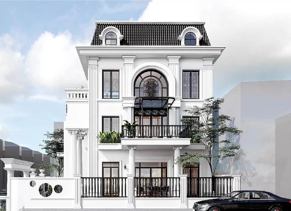 Mặt tiền thiết kế nhà ngang 9m sâu 8m theo phong cách tân cổ điển.