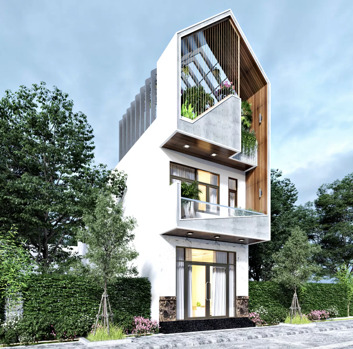 Thiết kế nhà ống 3 tầng 7x10m mái lệch