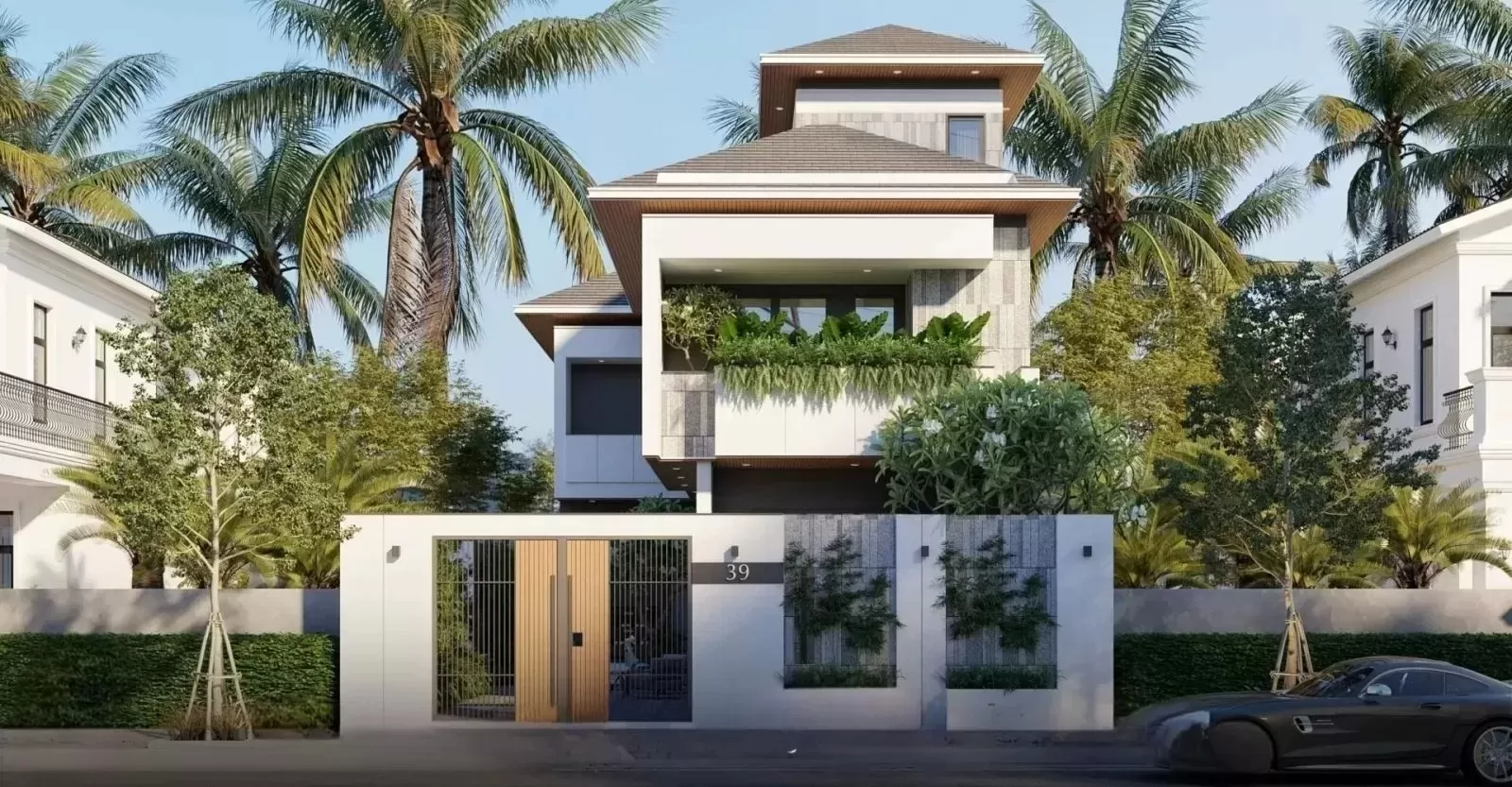 Mẫu nhà chữ L 3 tầng 7x10m mái nhật