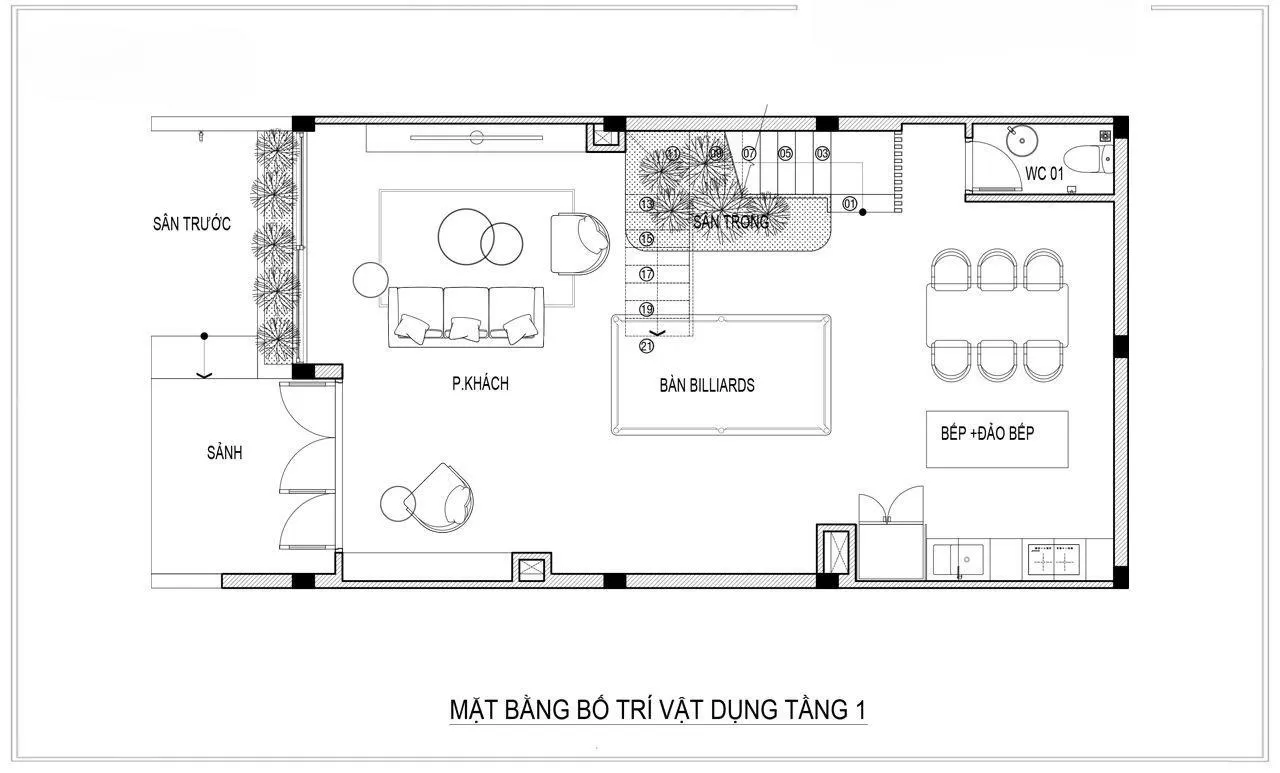 Mặt bằng nội thất tầng 1 nhà vườn mái bằng