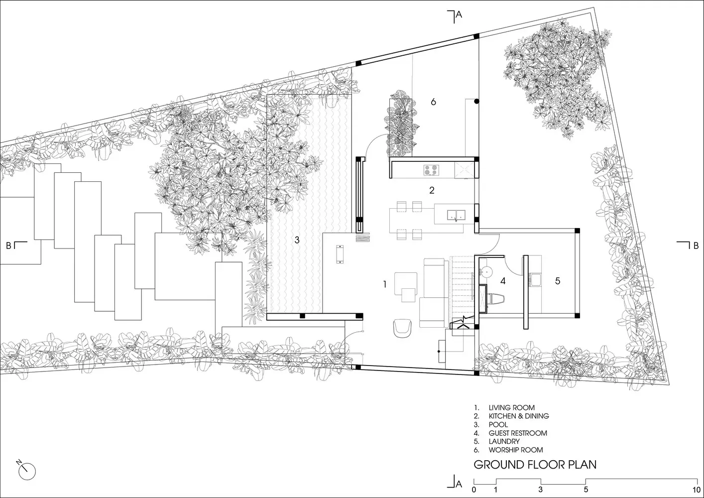 Phối cảnh công năng tầng trệt nhà vườn hiện đại