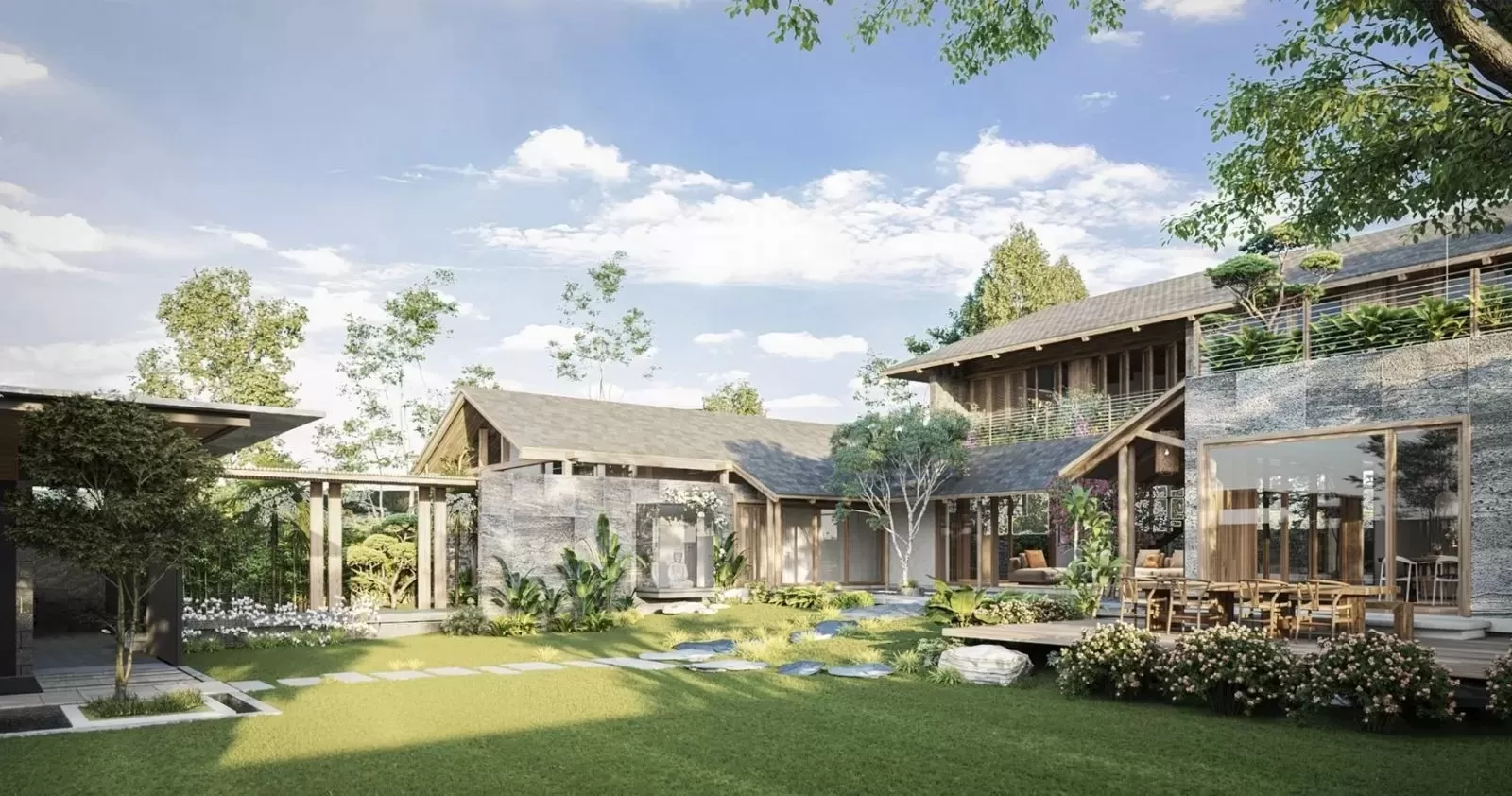 Một bản phối cảnh sân vườn biệt thự 2 tầng đẹp truyền thống