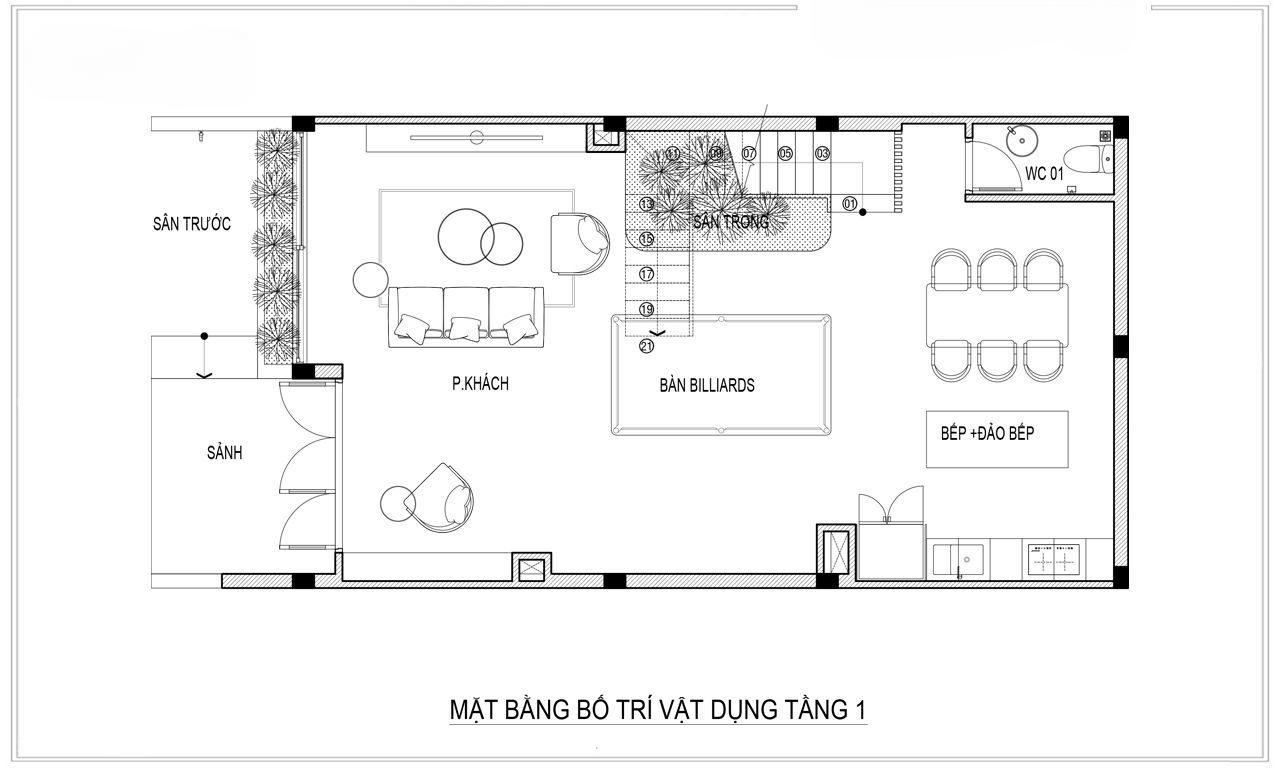 Mặt bằng nội thất tầng 1 nhà vườn mái bằng