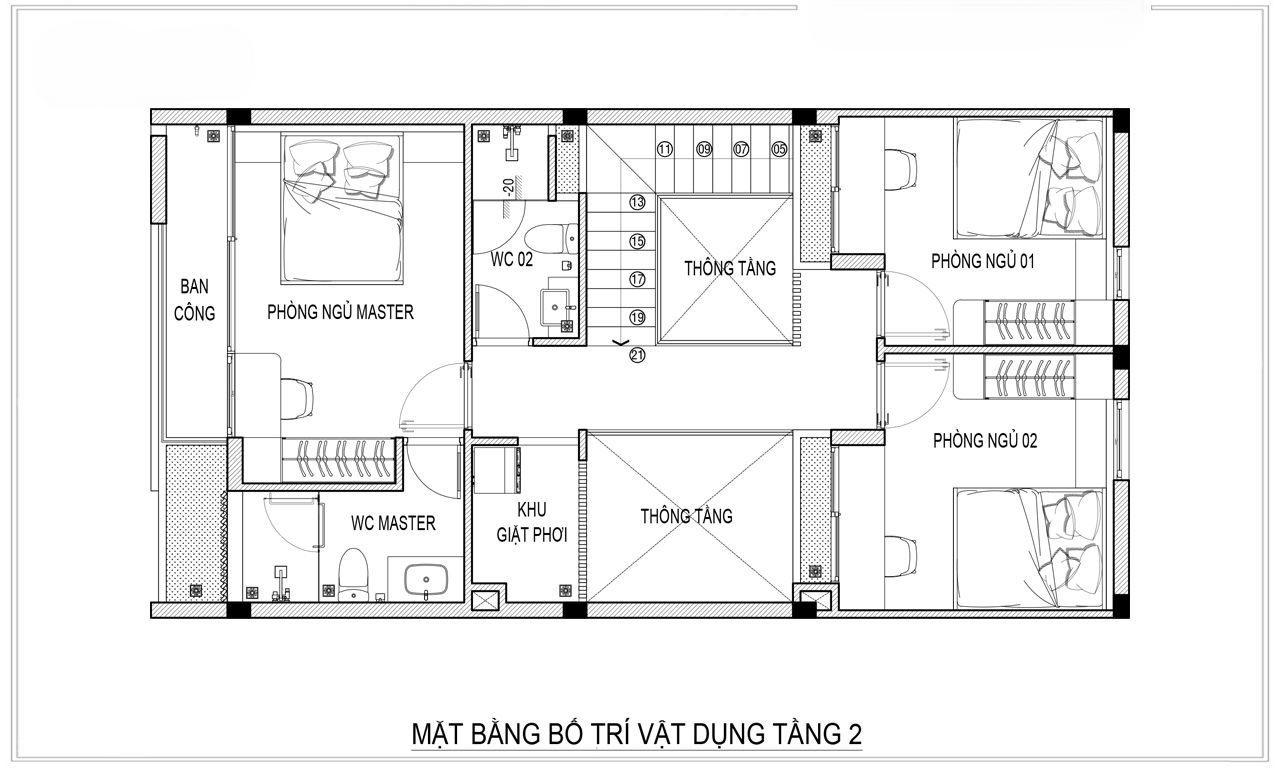Phối cảnh mặt bằng các phòng tầng 2 nhà vườn mái bằng