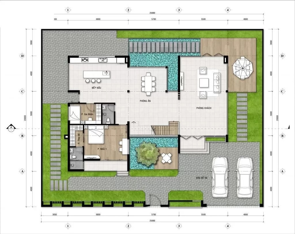 Bản vẽ phối cảnh nội thất nhà vườn 1 tầng