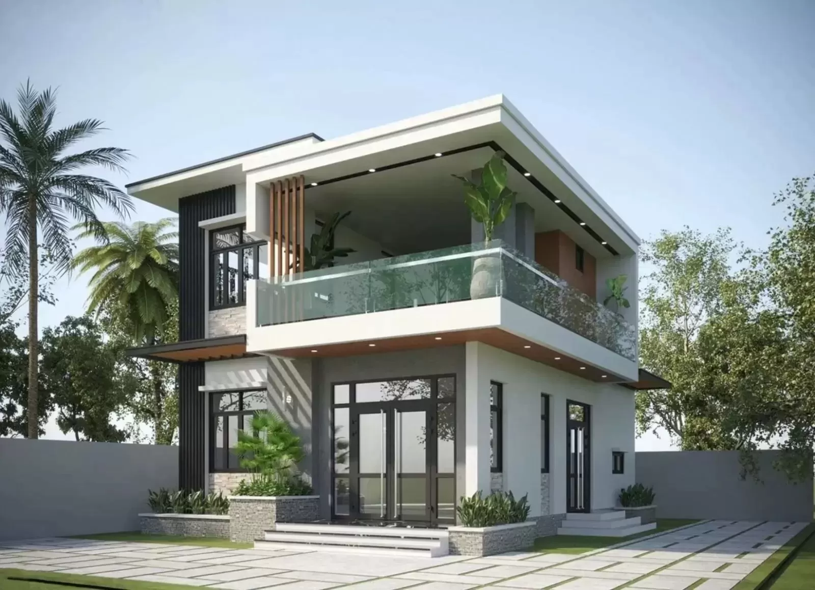 Thiết kế nhà 2 tầng mái bằng giá rẻ ở nông thôn 80m2