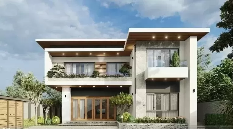 Thiết kế nhà 2 tầng chữ L 100m2 mái bằng giá rẻ